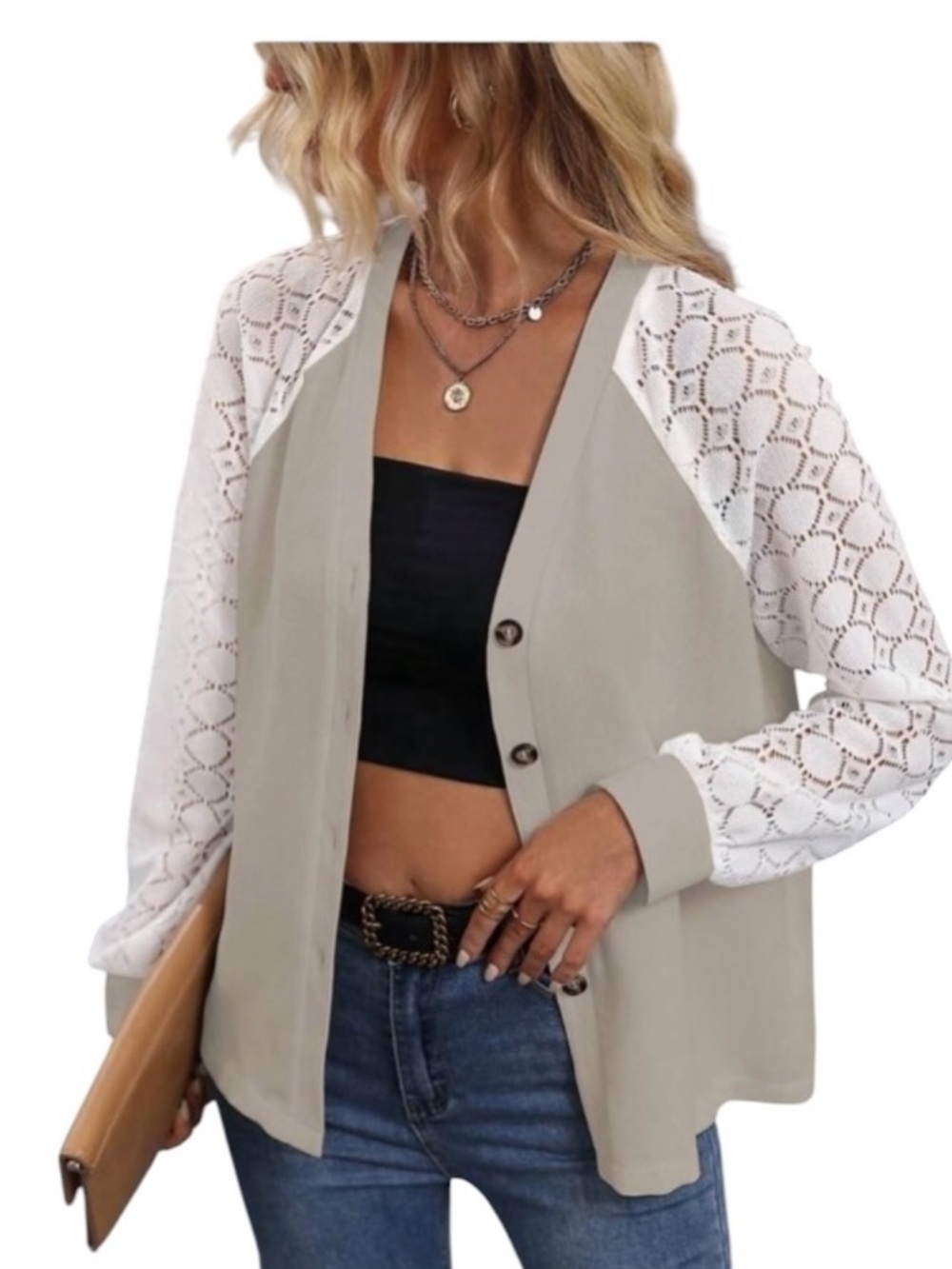 SHEIN LUNE Contrast Pointelle Raglan Sleeve Button Front Blouse size XL …
